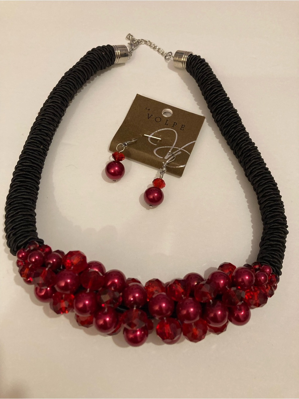 Vintage Red Beaded Cluster Necklace & Earrings Set